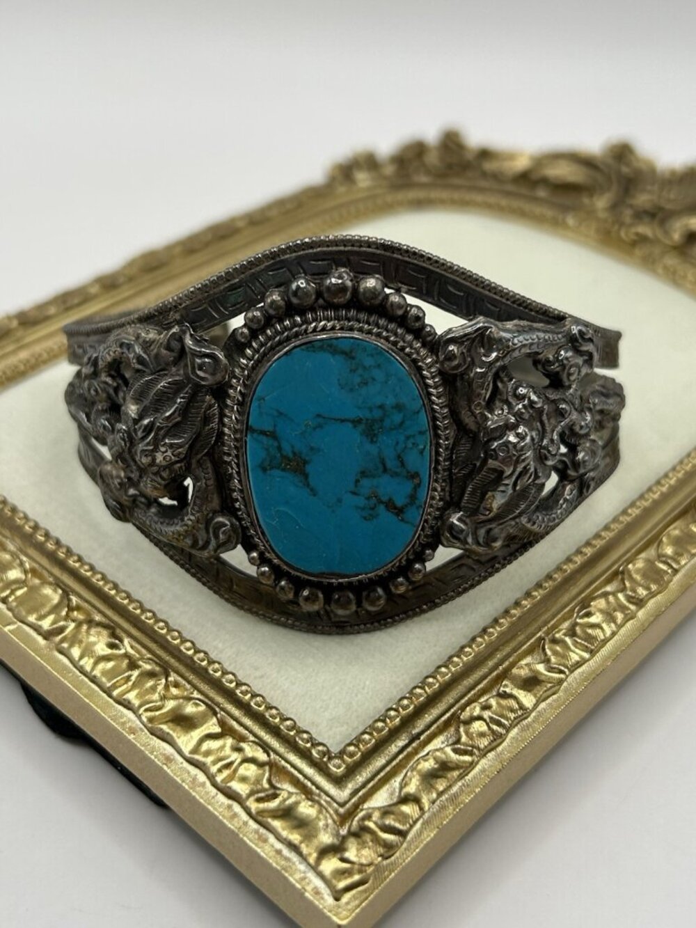 VTG Chinese Sterling Silver Dragon Turquoise Cuff Bracelet Western Blue Asian - Picture 3 of 16